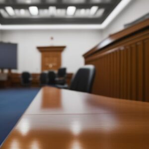 Blurred image of a desk in a courtroom