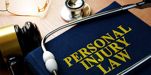 photo of a personal injury law book with a stethoscope and gavel